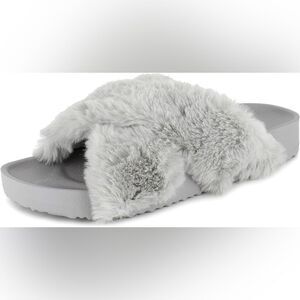 UNIONBAY Women's Luxe Faux Fur Slipper Slides Sandals Grey Size 8 NWT Cozy Soft